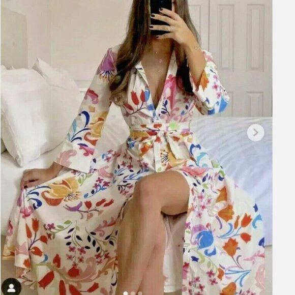 ZARA OFF WHITE IVORY MULTI FLORAL PRINT COTTON MIDI DRESS - Picture 3 of 12